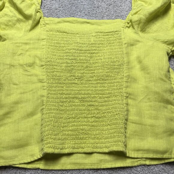 NWT Rachel Zoe 100% Linen Blouse Large Yellow Shirt Puff Sleeve Peasant Crop Top - Picture 6 of 9
